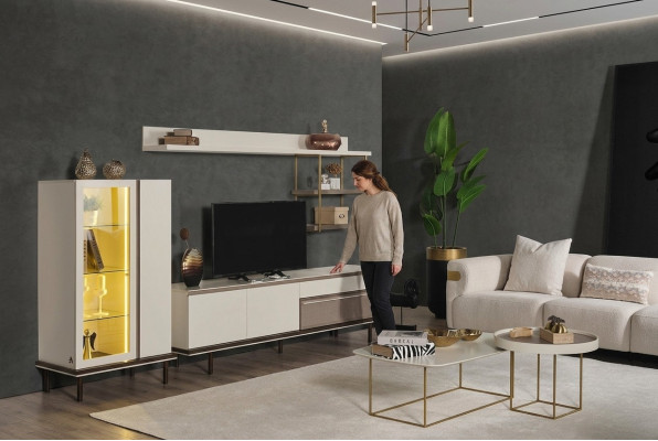 Weißes Wohnzimmer Set Designer TV-Ständer Luxus LED Vitrine Holz Regal