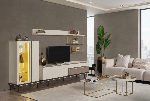Weißes Wohnzimmer Set Designer TV-Ständer Luxus LED Vitrine Holz Regal