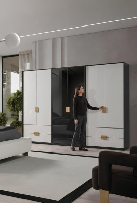 Schwarz-Weißer Schlafzimmer Kleiderschrank Moderner 6-Türiger Schrank
