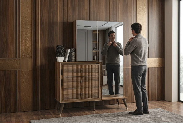 Braune Schlafzimmer Möbel Kommode mit Spiegel Luxus Holz Set 3-türig