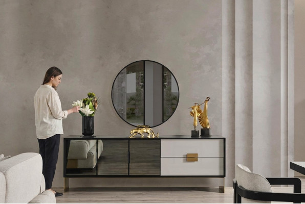 Schwarzes Wohnzimmer Set Designer Sideboard Luxus Spiegel 2tlg Set Neu