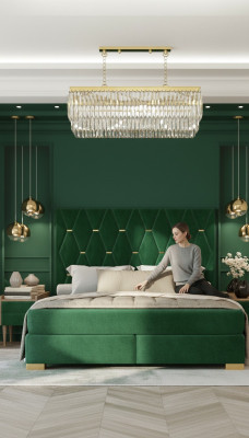 Stilvolles Grünes Schlafzimmer Doppelbett Bettgestell Holz Nachttische