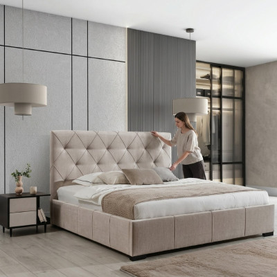 Beiges Chesterfield Doppelbett Textil Nachttische Schlafzimmer Garnitur
