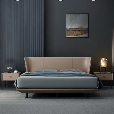 Beiges Kunstleder Schlafzimmer Doppelbett Designer Holzgestell Betten