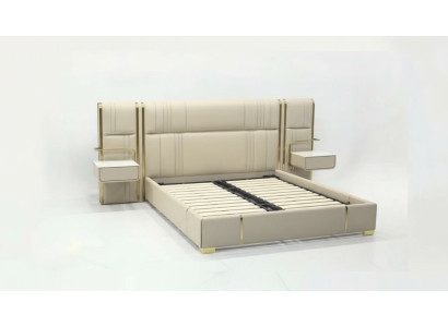 Beiges Schlafzimmer Doppelbett mit großem Kopfteil Designer Holz Betten