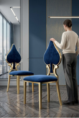 Blau-Goldener Esszimmerstuhl Moderner Einsitzer Polster Und Holz Stühle