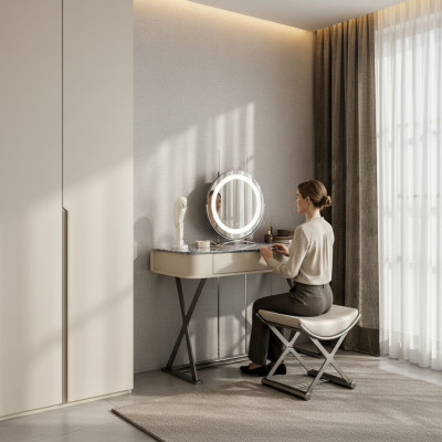 Beiger Schminktisch Design Schlafzimmer Möbel Luxus Holz Schminktische