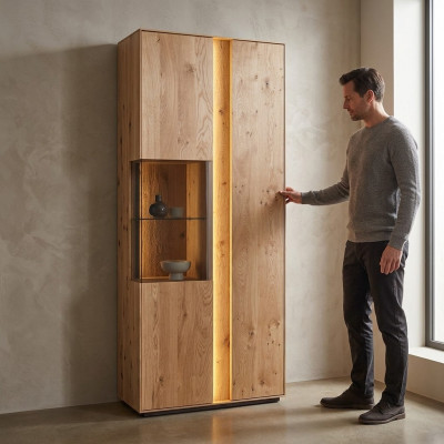 Wohnzimmer Braune Holzvitrine LED-Vitrine Holz Schrank Glasschrank Neu