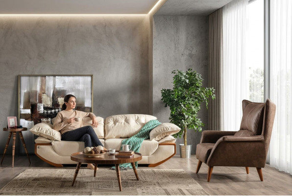 Weiß-Braune Wohnzimmer Couchgarnitur Designer Dreisitzer Luxus Sessel