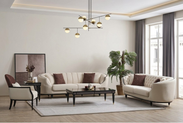 Weißes Wohnzimmer Set Sofagarnitur 3+3+1 Couchtisch Beistelltisch 5tlg