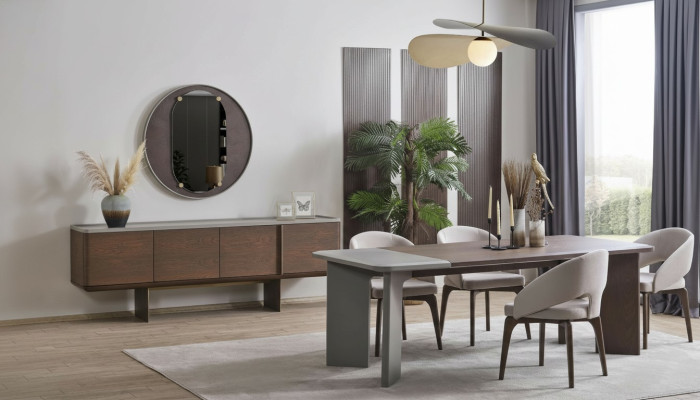 Große Esszimmer Garnitur Designer Esstisch 4x Stühle Sideboard Spiegel