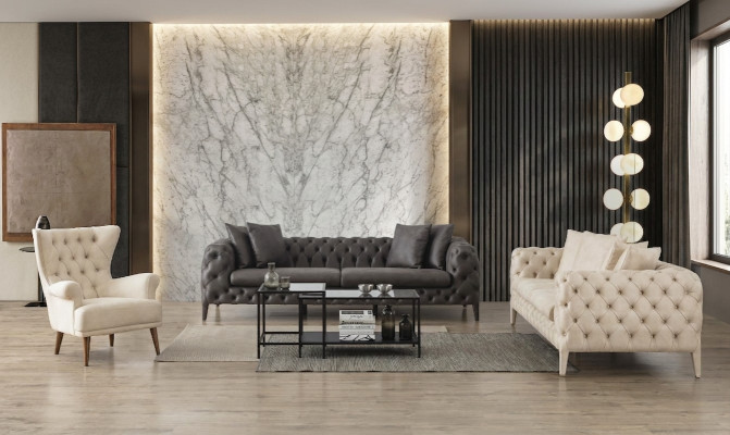 Weiß-Graue Wohnzimmer Chesterfield Sofagarnitur 4+3 Sitzer Luxus Sessel