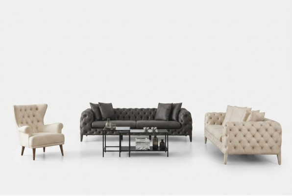 Weiß-Graue Wohnzimmer Chesterfield Sofagarnitur 4+3 Sitzer Luxus Sessel