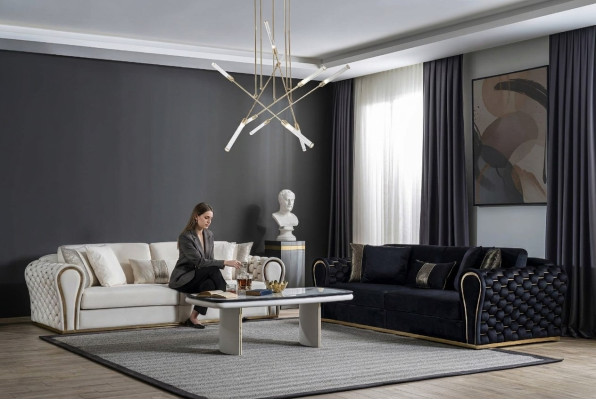 Schwarz Weiße Sofagarnitur 3+3 Designer Sitzer Luxus Polster 2x Sofas