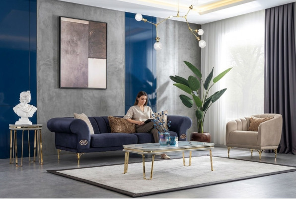 Moderne Blau-Beige Sofagarnitur Designer 3+1 -Sitzer Luxus Wohnzimmer Sessel