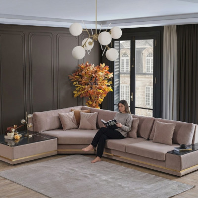 Beiges L-Form Designer Ecksofa Polster Wohnlandschaft Luxuriöses Sofa
