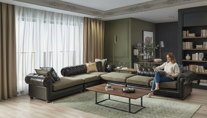 Grün-schwarzes Wohnzimmer Chesterfield L-Form Sofa Polster Couchen Neu