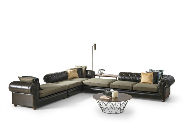Grün-schwarzes Wohnzimmer Chesterfield L-Form Sofa Polster Couchen Neu