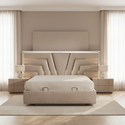 Beiges Schlafzimmer Doppelbett Stabiles Holzgestell Designer Polster Bett