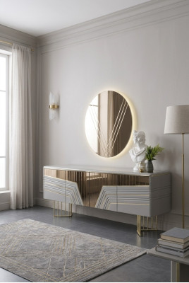 Moderner Silber Sideboard Rundspiegel LED Beleuchtung Designer 2tlg Set 