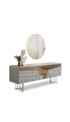 Moderner Silber Sideboard Rundspiegel LED Beleuchtung Designer 2tlg Set 