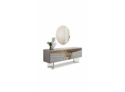 Moderner Silber Sideboard Rundspiegel LED Beleuchtung Designer 2tlg Set 