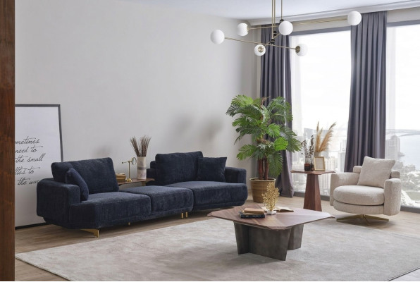 Blauer Dreisitzer Weißer Sessel Designer Wohnzimmer Sofagarnitur 2tlg