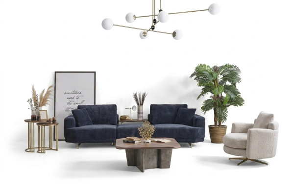 Blauer Dreisitzer Weißer Sessel Designer Wohnzimmer Sofagarnitur 2tlg