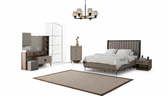 Graue Schlafzimmer Garnitur Doppelbett 2x Nachttische Holz Schminktisch