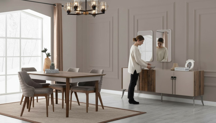 Edle Esszimmergruppe Luxus Esszimmer Set Designer Tisch Spiegel Stühle