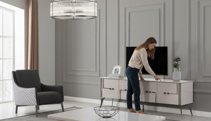Beiger TV-Schrank Designer Couchtisch Luxus Wohnzimmer Möbel Holz 2tlg