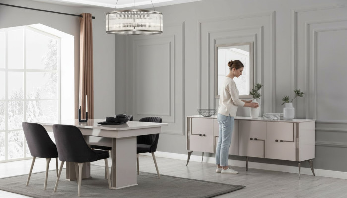 Altweiße Esszimmer Garnitur Großer Esstisch 4x Textil Stühle Sideboard