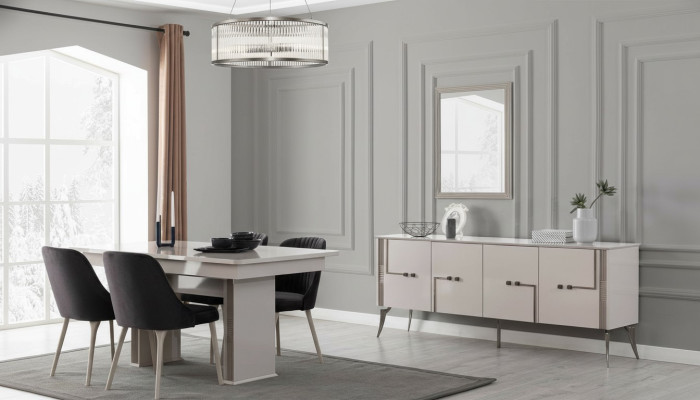 Altweiße Esszimmer Garnitur Großer Esstisch 4x Textil Stühle Sideboard