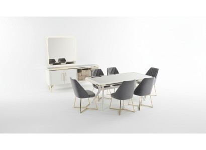 Weiß-Graue Esszimmer Garnitur Holztisch 6x Textil Stühle Sideboard 9tlg