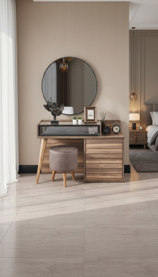 Brauner Holz Schminktisch mit Rundspiegel Designer Schlafzimmer 2tlg Set Konsole