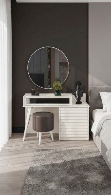 Weißer Schminktisch mit Schubladen Rundsessel Konsole Luxus Polsterhocker 3tlg