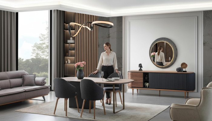 Große Esszimmer Garnitur Designer Esstisch 4x Polsterstühle Sideboard