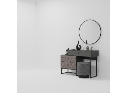 Designer Grauer Schminktisch Rundspiegel Polsterhocker Luxus 3tlg Set