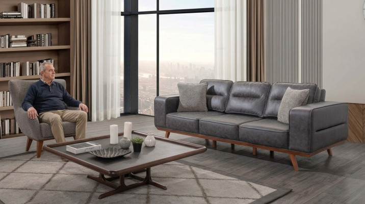 Graue Wohnzimmer Sofagarnitur Dreisitzer Sessel Luxus Polster Sitzer