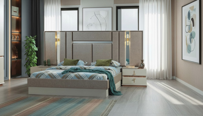 Beige Schlafzimmer Möbel Luxus Betten Designer Nachttische Einrichtung