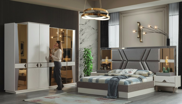 Stilvolle Graue Schlafzimmer Garnitur 2x Nachttische Kleiderschrank Set