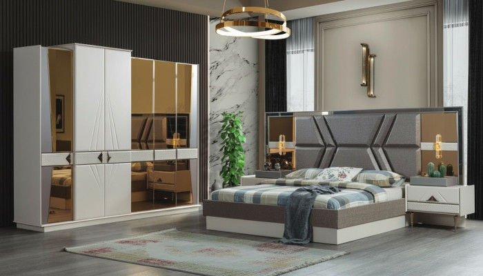 Stilvolle Graue Schlafzimmer Garnitur 2x Nachttische Kleiderschrank Set