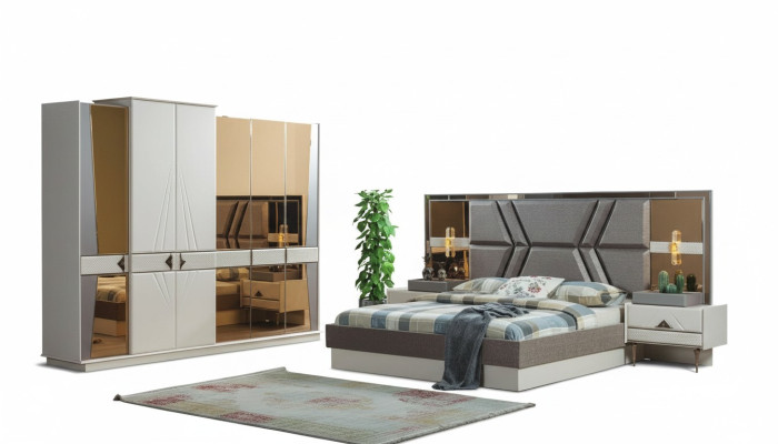 Stilvolle Graue Schlafzimmer Garnitur 2x Nachttische Kleiderschrank Set