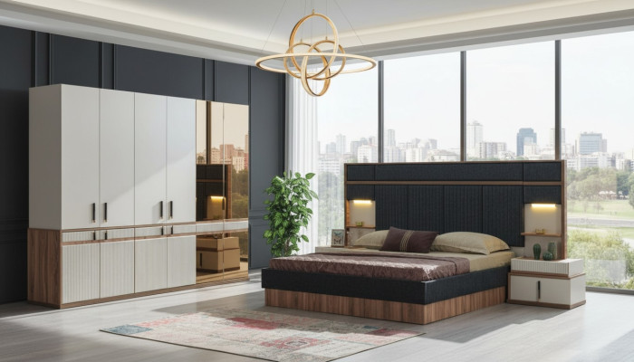 Möbel Luxury Bett 2x Nachttische Kleiderschrank Schlafzimmer Set