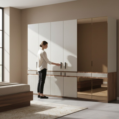 Weißer Kleiderschrank 10-türiger Holz Schlafzimmer Schrank Einrichtung