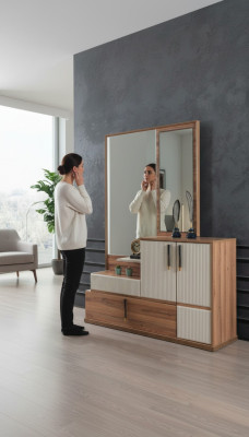 Weiß-Braune Kommode Spiegel Schlafzimmer Holz Möbel Designer Garnitur