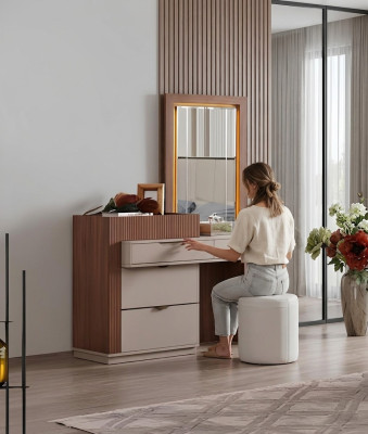 Beige-Braune Schlafzimmer Kommode Designer Schminktisch Mit Spiegel 2tlg