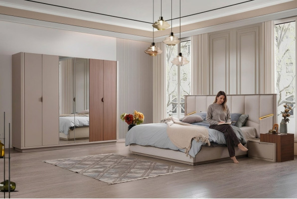 Große Beige Schlafzimmer Garnitur Doppelbett 2x Nachttische Schrank