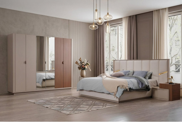 Große Beige Schlafzimmer Garnitur Doppelbett 2x Nachttische Schrank