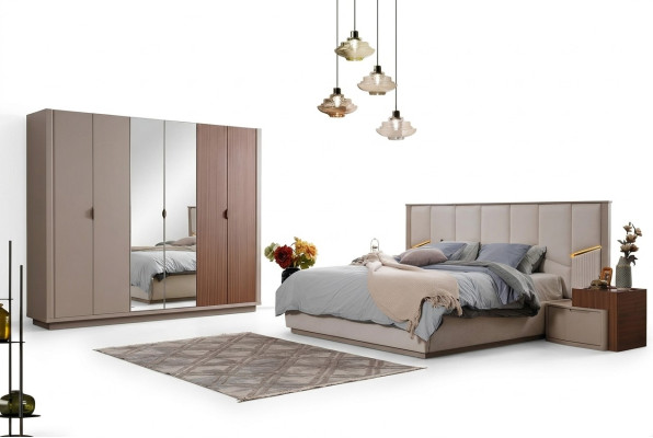 Große Beige Schlafzimmer Garnitur Doppelbett 2x Nachttische Schrank